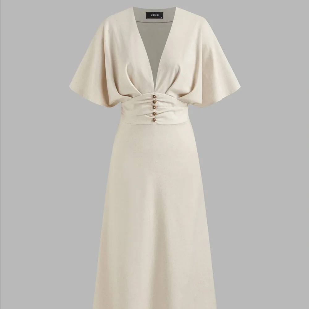 Linen Blend Ruffle Ruched Midi Dress - Picture 5 of 5